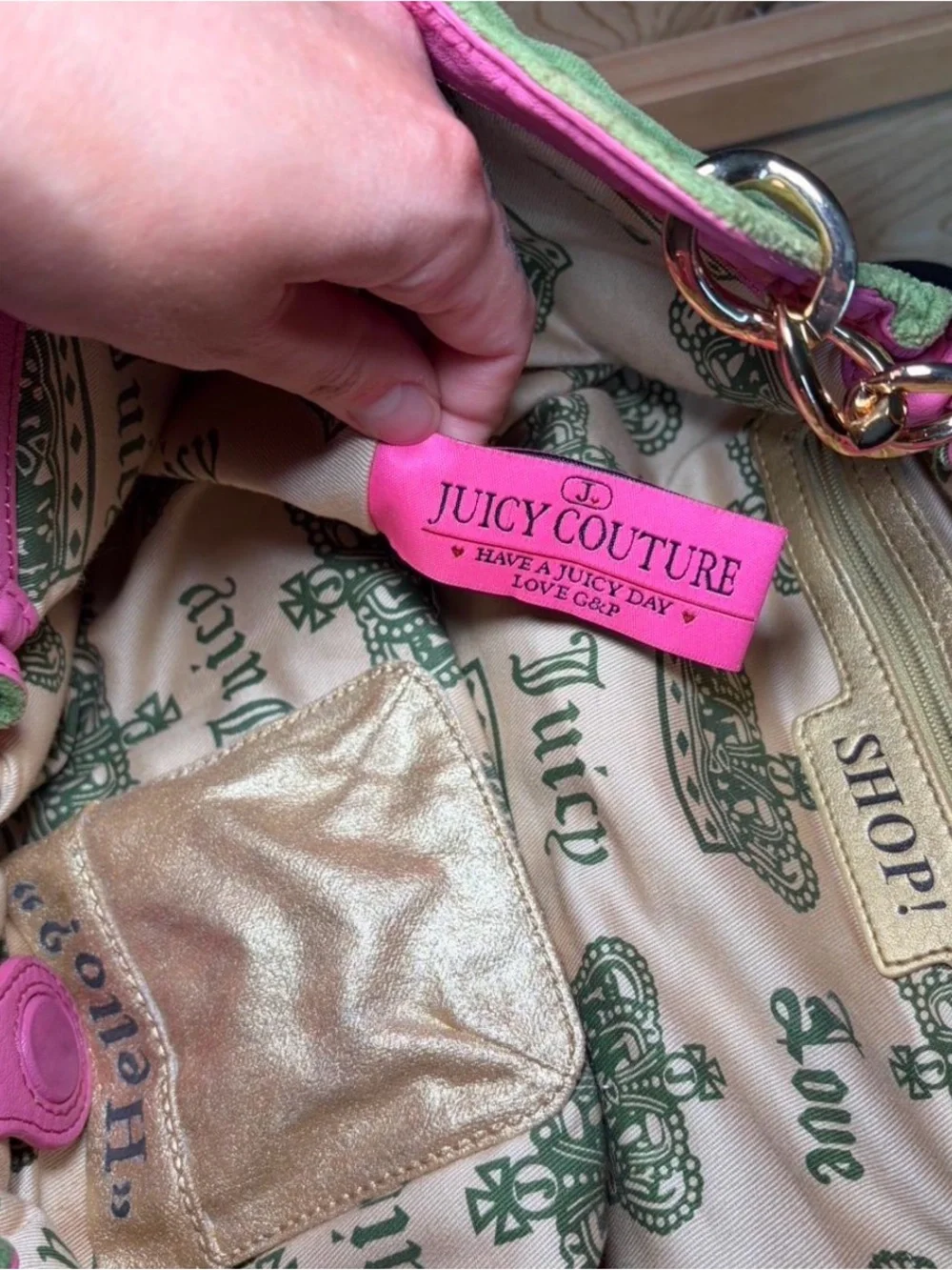 Juicy Couture Olive Green Suede Shoulder Bag with Pink Trim